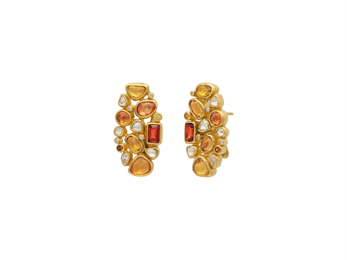 GURHAN, GURHAN Pointelle Gold Clip Post Stud Earrings, Mixed Cluster, with Mixed Orange Stones