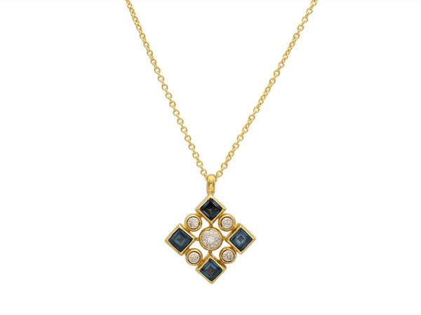 GURHAN Locket Gold Rectangle Pendant Necklace, 37x21mm, Clustered Stones,  with Diamond