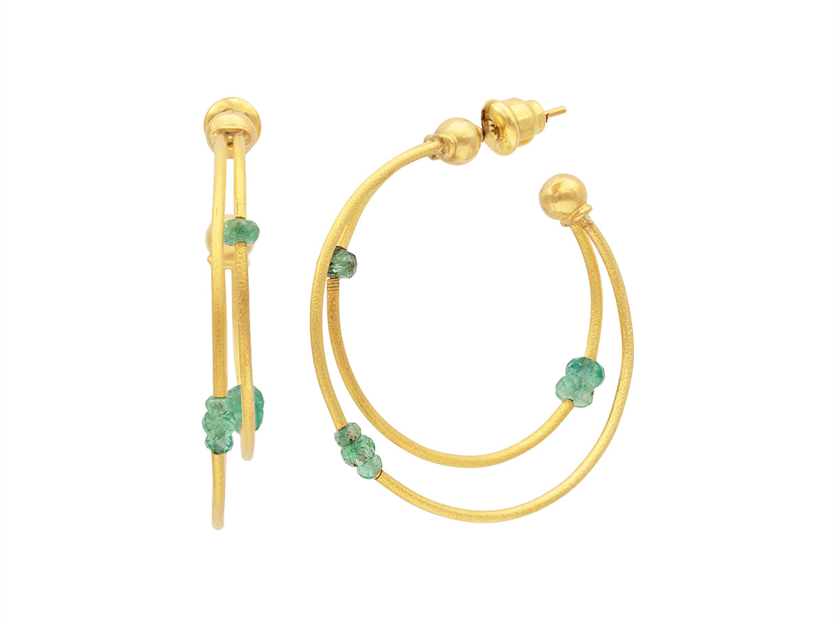 GURHAN, GURHAN Rain Gold Double Hoop Earrings, 3 Bead Stations, with Emerald