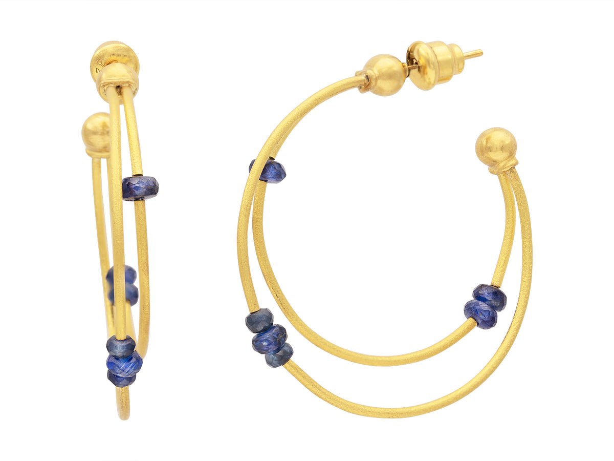 GURHAN, GURHAN Rain Gold Double Hoop Earrings, 3 Bead Stations, with Sapphire