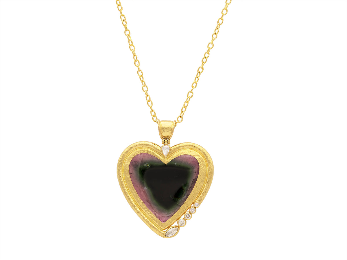 GURHAN, GURHAN Romance Gold Pendant Necklace, 40mm Heart set in Wide Frame, with Tourmaline and Diamond