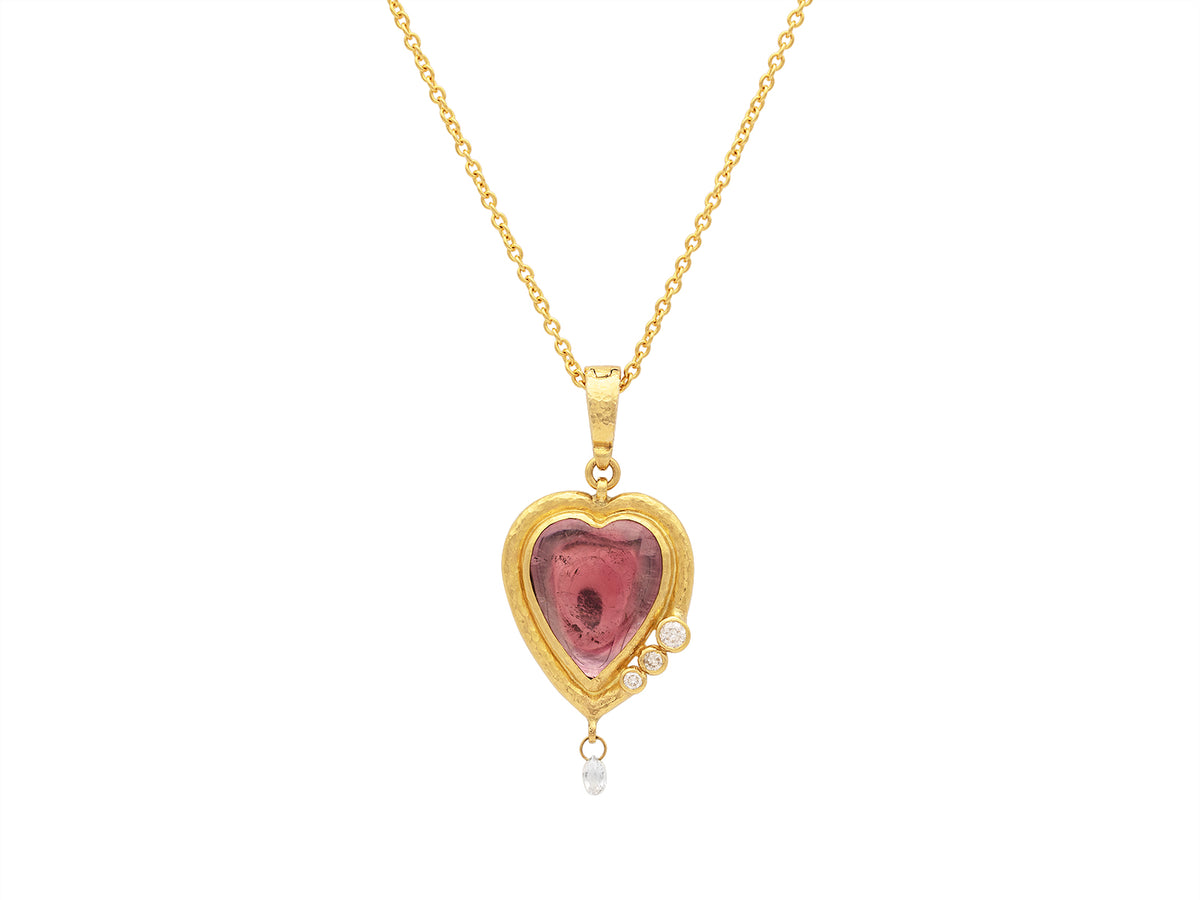 GURHAN, GURHAN Romance Gold Pendant Necklace, 17x14mm Heart set in Wide Frame, with Tourmaline and Diamond
