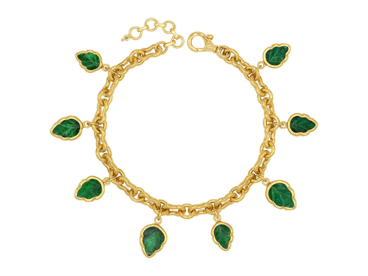 GURHAN, GURHAN Rune Gold Charm Bracelet, Carved Leaves, with Emerald