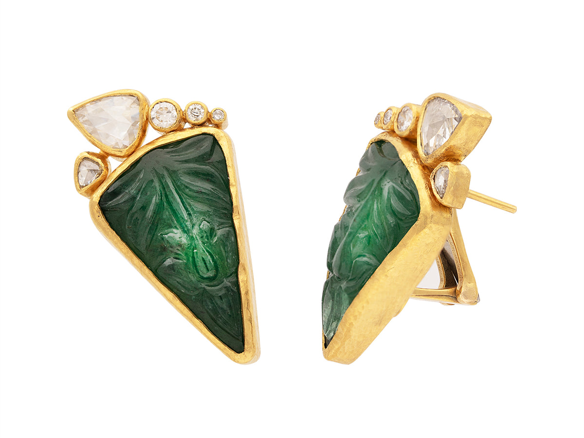 GURHAN, GURHAN Rune Gold Clip Post Stud Earrings, Carved Triangle, Emerald and Diamond