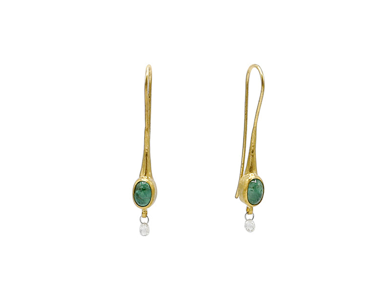 GURHAN, GURHAN Rune Gold Double Drop Earrings, 7x5mm Oval on Long Wire Hook, with Emerald and Diamond Briolette