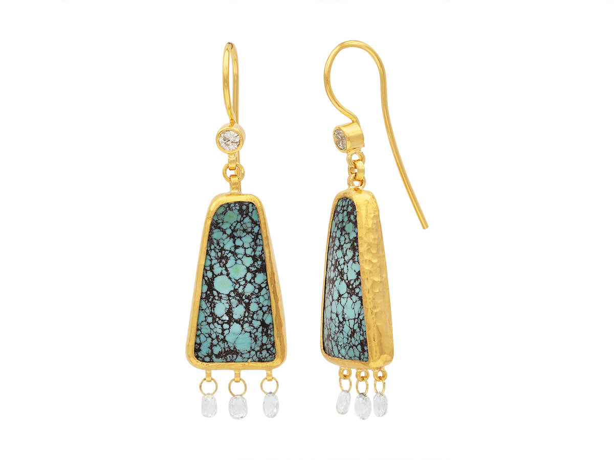 GURHAN, GURHAN Rune Gold Double Drop Earrings, 22x12mm Amorphous on Wire Hook, with Turquoise and Diamond