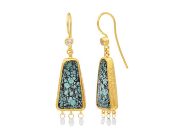 GURHAN, GURHAN Rune Gold Turquoise Double Drop Earrings, 22x12mm Amorphous on Wire Hook