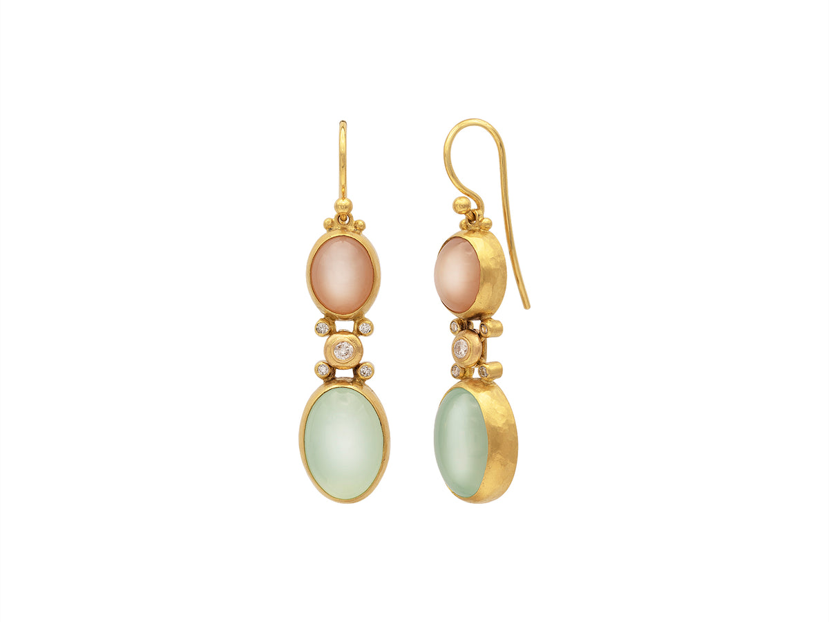GURHAN, GURHAN Rune Gold Double Drop Earrings, Oval Shapes, Wire Hook, with Mixed Pastel Stones