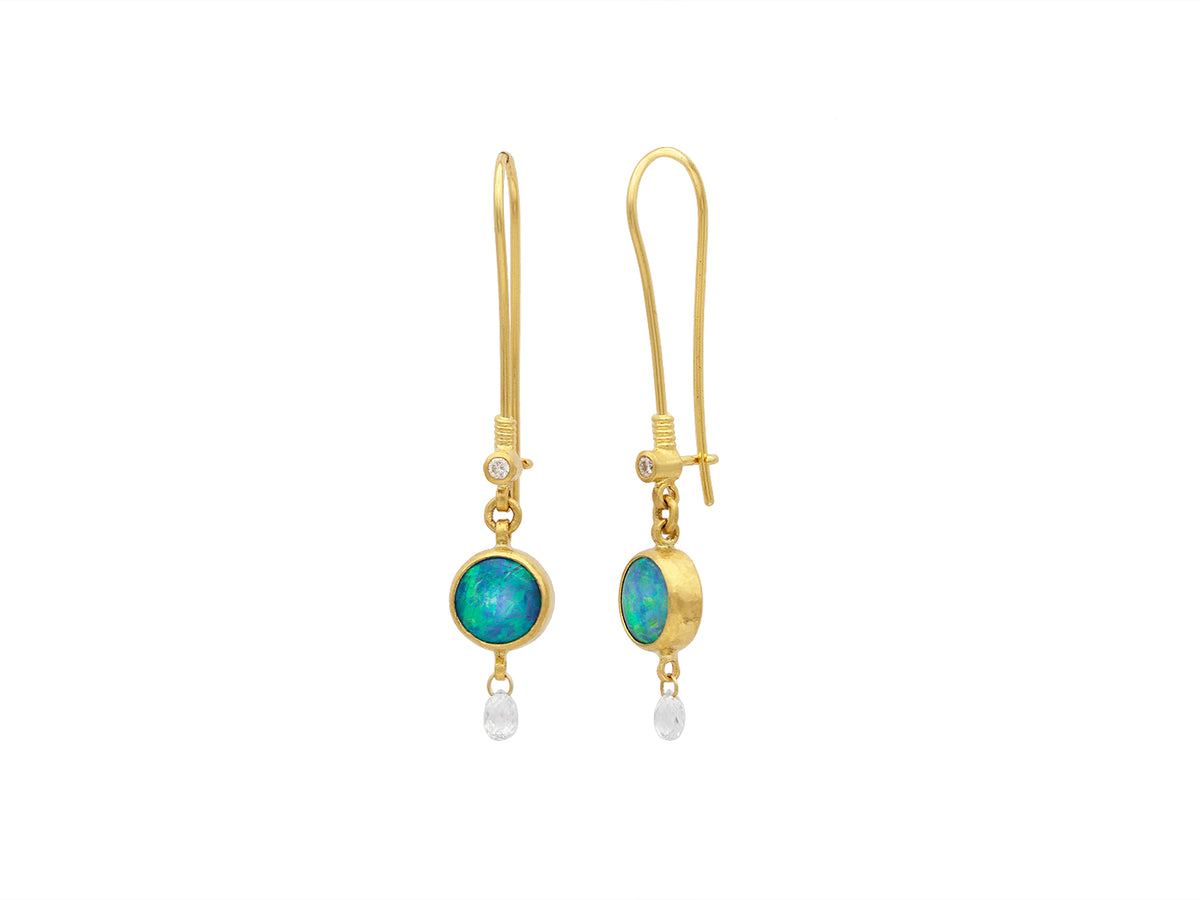 GURHAN, GURHAN Rune Gold Double Drop Earrings, 8mm Round on Long Wire Hook, with Opal and Diamond Briolette