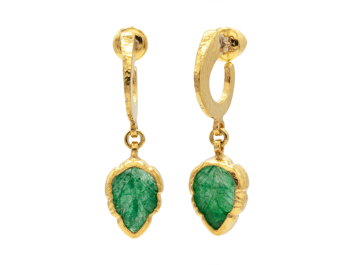GURHAN, GURHAN Rune Gold Drop Earrings, Carved Leaf on Small Hoop and Post, with Emerald