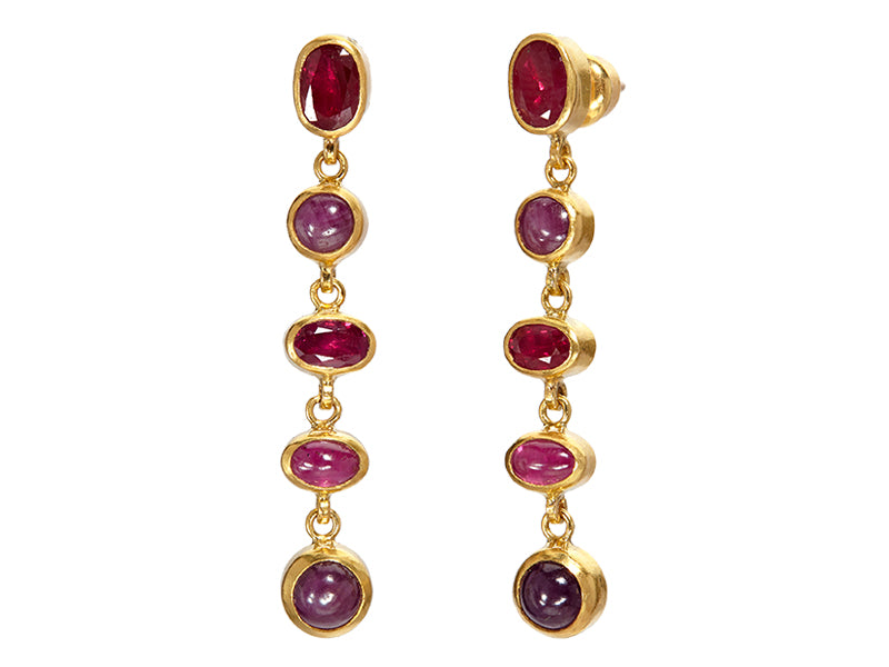 GURHAN, GURHAN Rune Gold Long Drop Drop Earrings, Mixed Round and Oval, Ruby