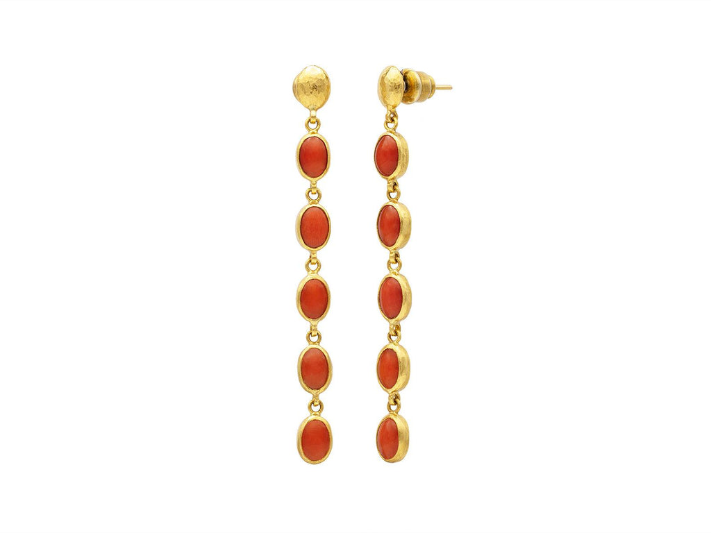 GURHAN, GURHAN Rune Gold Coral Long Drop Earrings, Oval Lentil Post Top