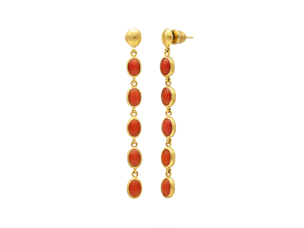 GURHAN, GURHAN Rune Gold Long Drop Earrings, Oval Lentil Post Top, with Coral
