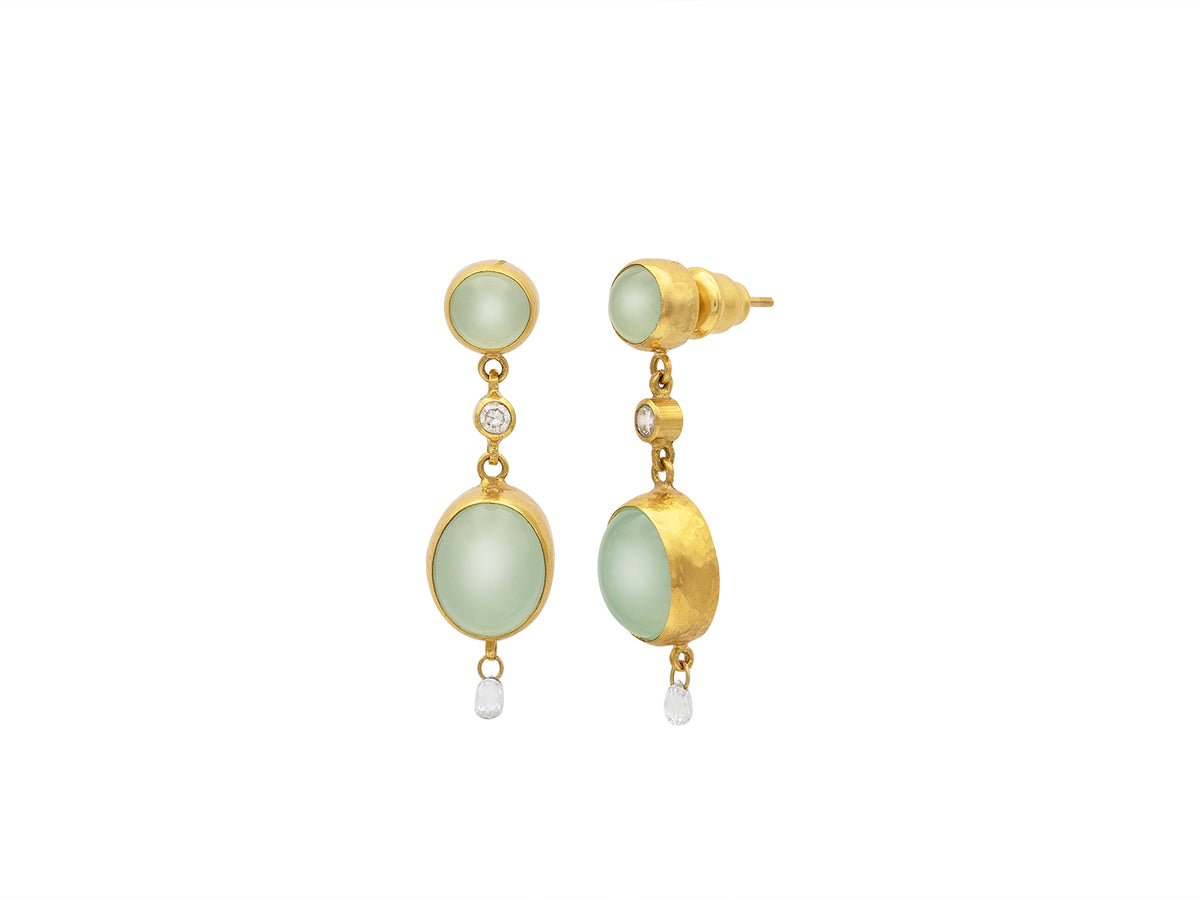 GURHAN, GURHAN Rune Gold Long Drop Earrings, 12x10mm Oval, 7mm Round Post Top, with Chalcedony and Diamond