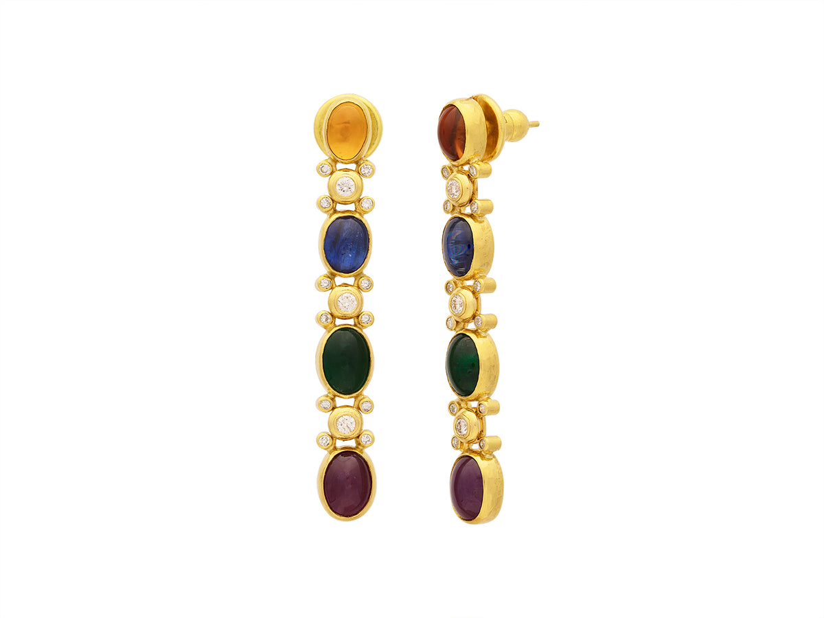 GURHAN, GURHAN Rune Gold Long Drop Earrings, Mixed Oval Cabochon, with Mixed Bright Stones