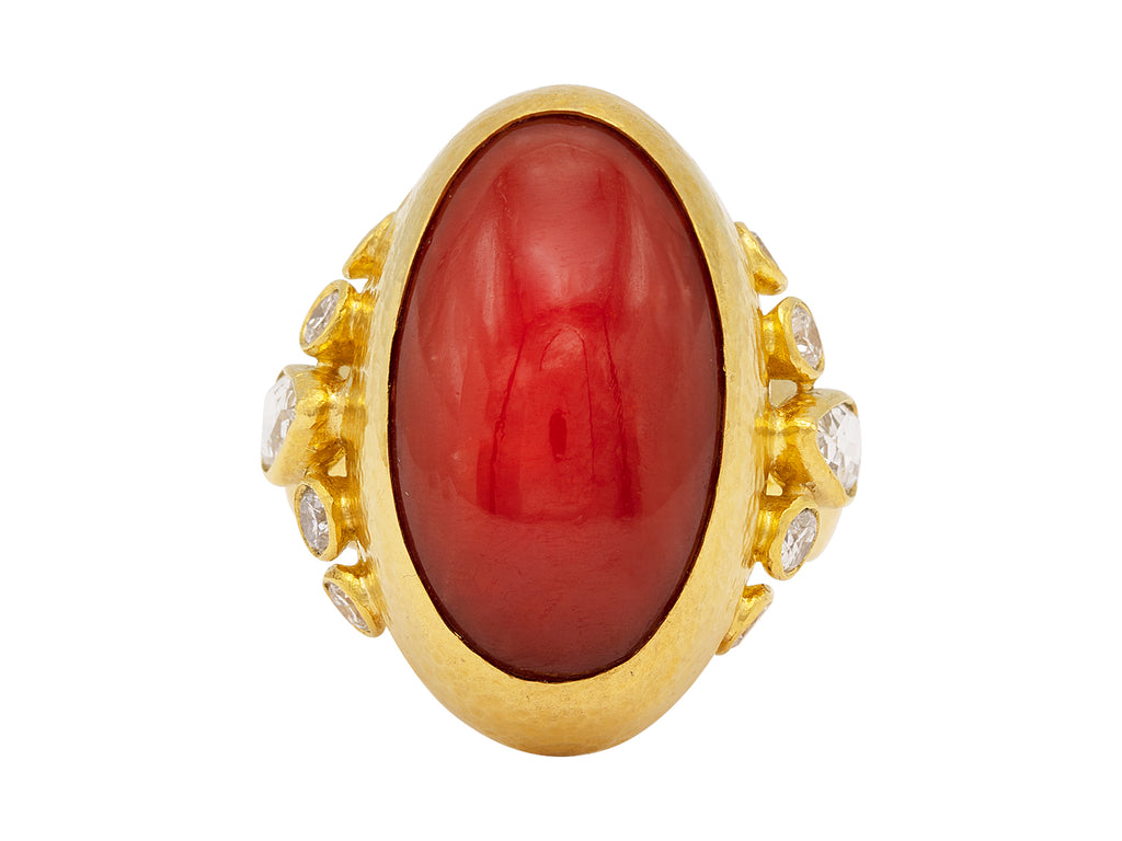 GURHAN, GURHAN Rune Gold Stone Cocktail Ring, 27x12mm Oval, with Coral and Diamond