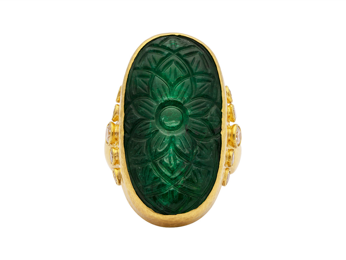 GURHAN, GURHAN Rune Gold Stone Cocktail Ring, 35x19mm Carved Oval, with Emerald and Diamond