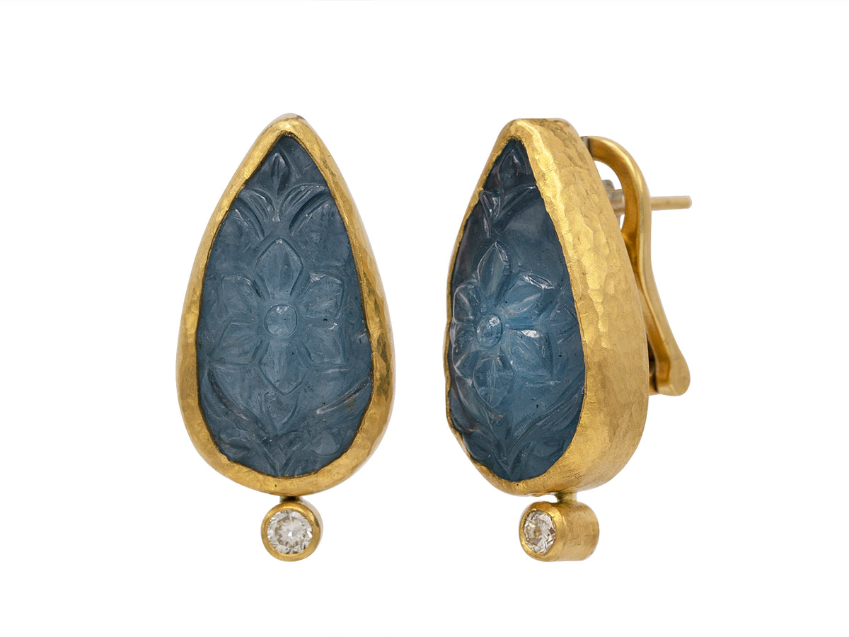 GURHAN, GURHAN Rune Gold Stud Earrings, 22x13mm Carved Drop on Clip Post, with Aquamarine and Diamond