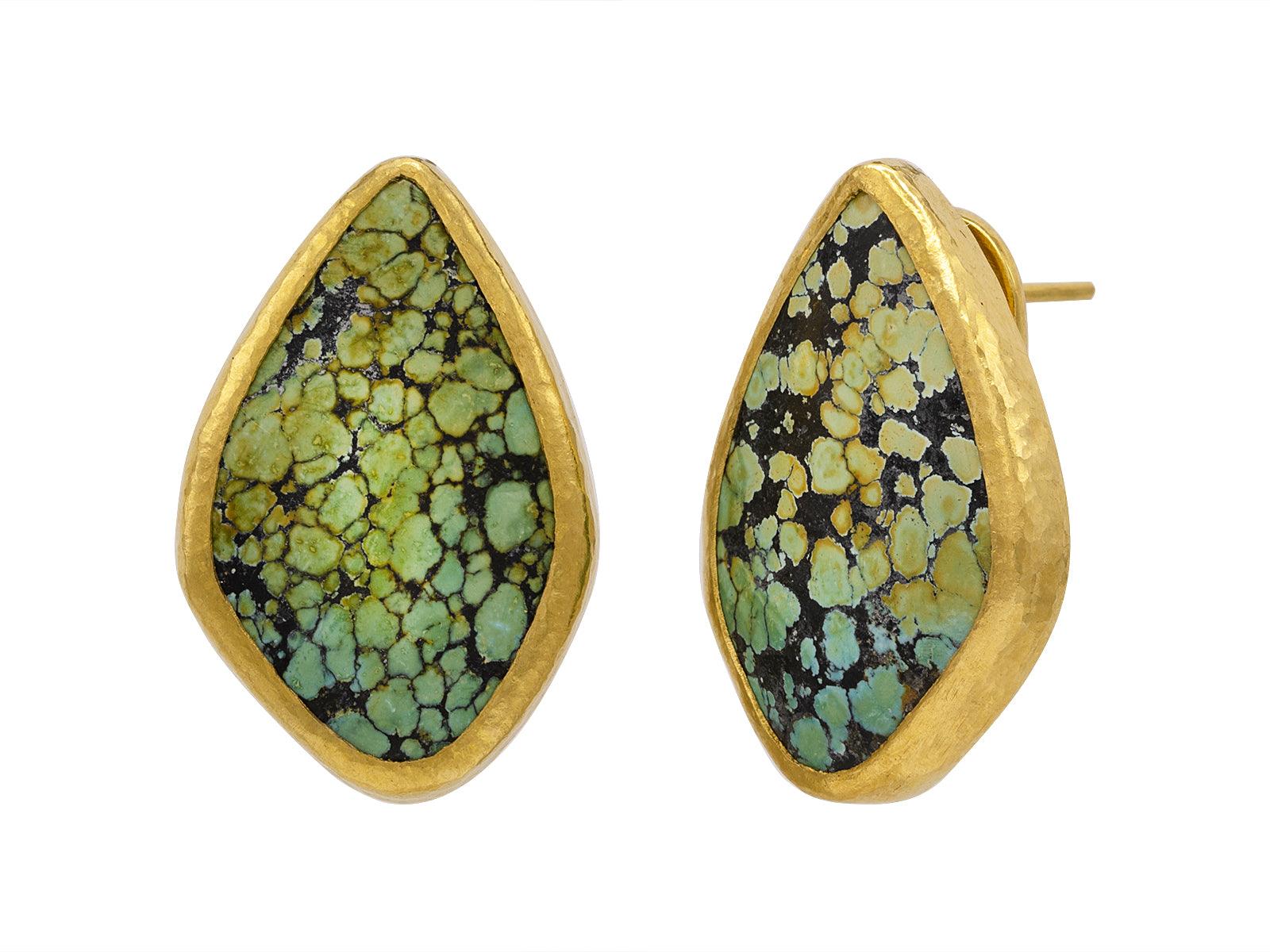 GURHAN, GURHAN Rune Gold Turquoise Stud Earrings, 26x17mm Amorphous on Clip Post