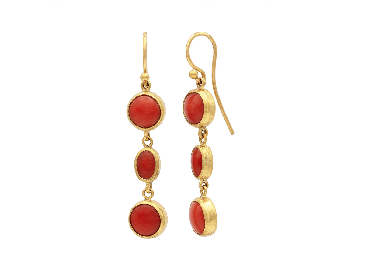 GURHAN, GURHAN Rune Gold Triple Drop Earrings, Mixed-Sized Ovals, with Coral