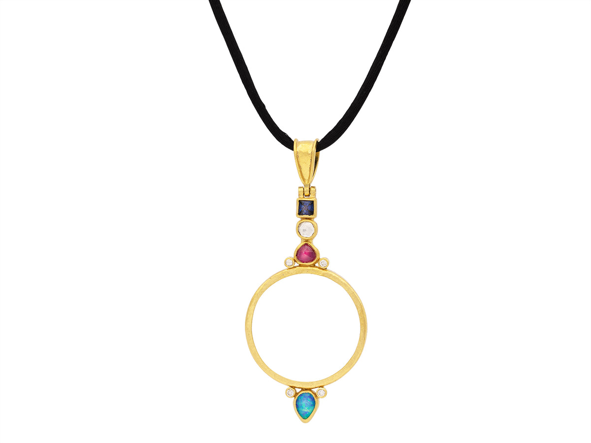 GURHAN, GURHAN Rune Gold Pendant Necklace, 27mm Round Glass, with Mixed Stones