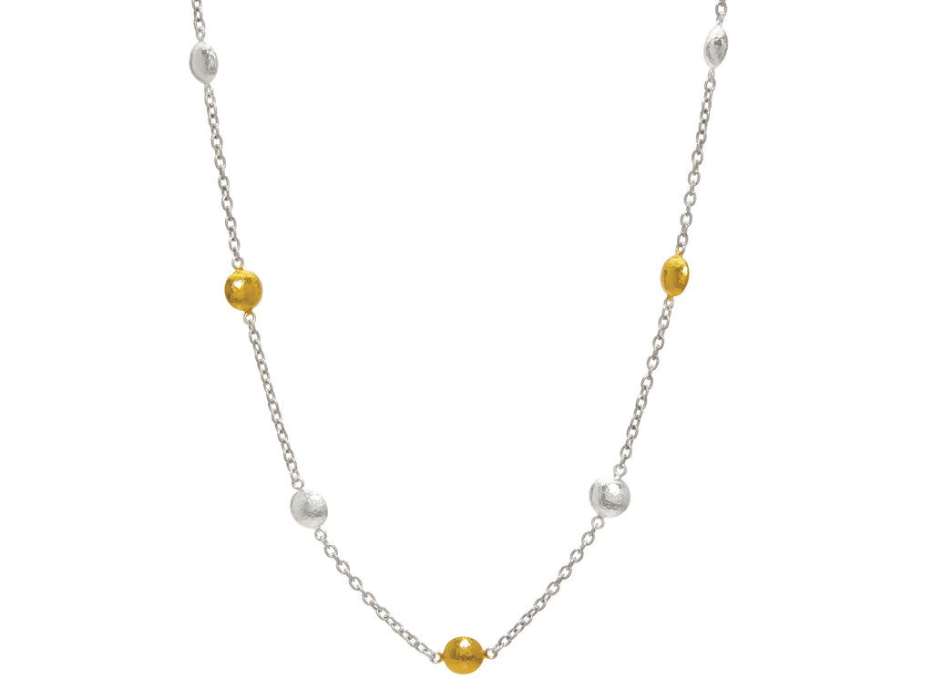 GURHAN, GURHAN Spell Sterling Silver Station Short Necklace, Lentil Shapes on Light Chain, Gold Accents