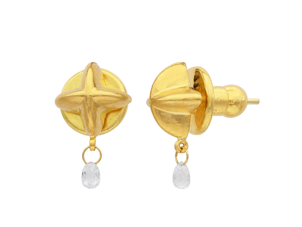 GURHAN, GURHAN Spell Gold Post Drop Earrings, Round "X" Beads, with Diamond Briolette