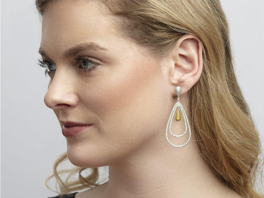 GURHAN, GURHAN Spell Sterling Silver Single Drop Earrings, Double Open Pear Shape, Post Top, Gold Accents