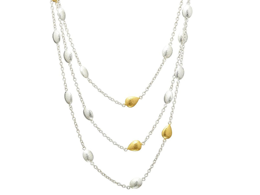 GURHAN, GURHAN Spell Sterling Silver Station Long Necklace, Puffed Oval and Teardrop Beads on Light Chain, Gold Accents