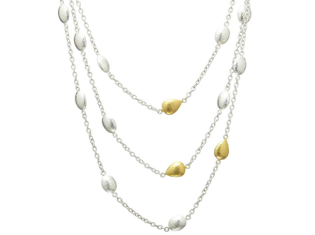 GURHAN, GURHAN Spell Sterling Silver Station Long Necklace, Puffed Oval and Teardrop Beads on Light Chain, Gold Accents