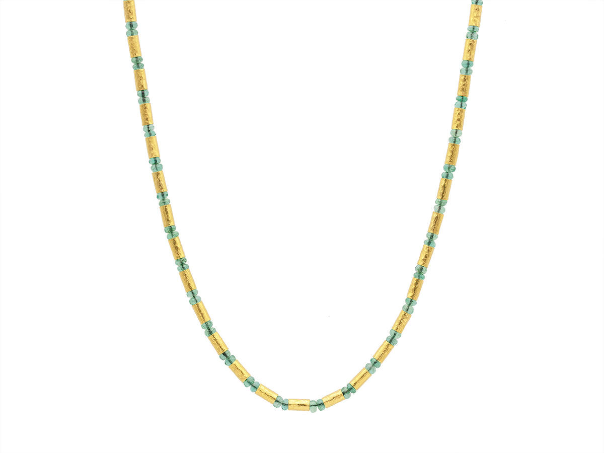 GURHAN, GURHAN Vertigo Gold Single Strand Short Necklace, Gold Tube Beads, Cabochon Emerald