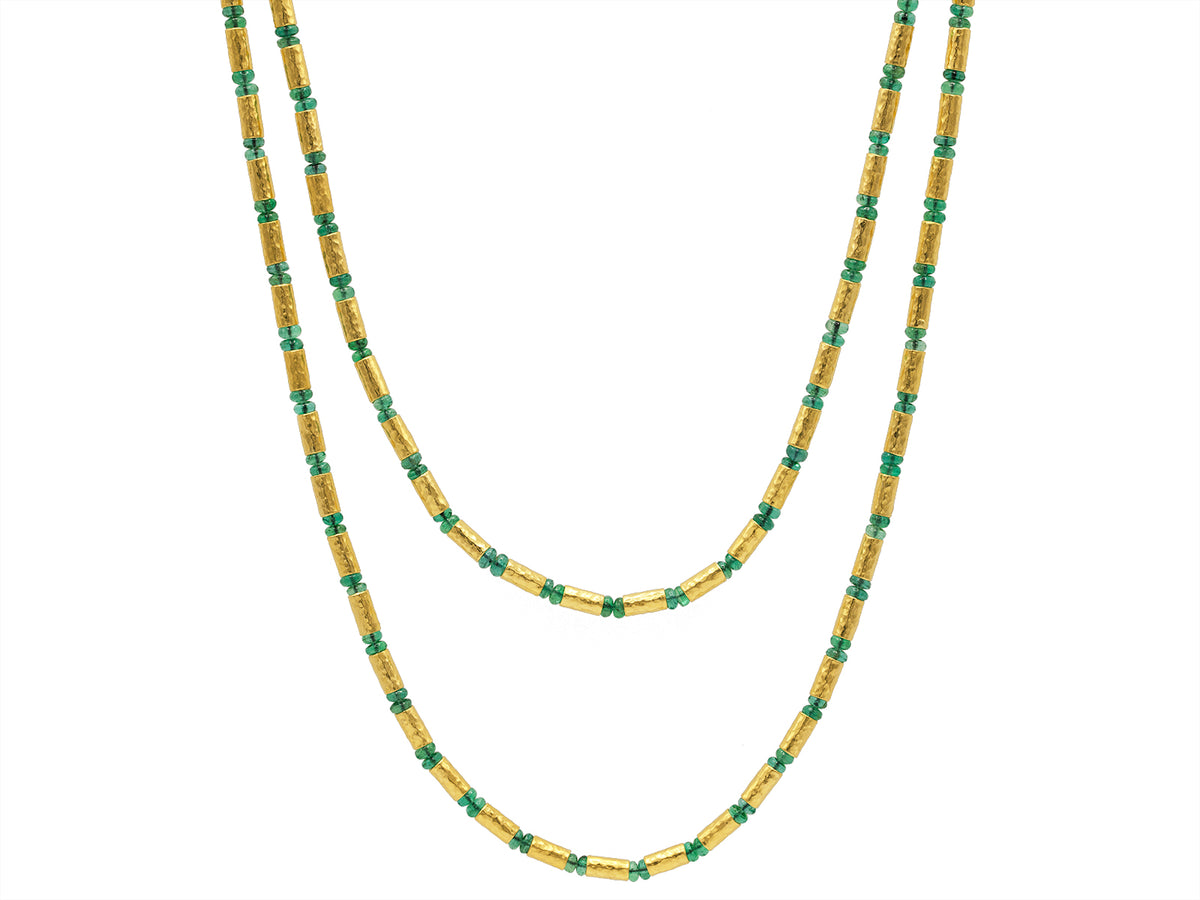 GURHAN, GURHAN Vertigo Gold Single Strand Long Necklace, Gold Tube Beads, with Cabochon Emerald