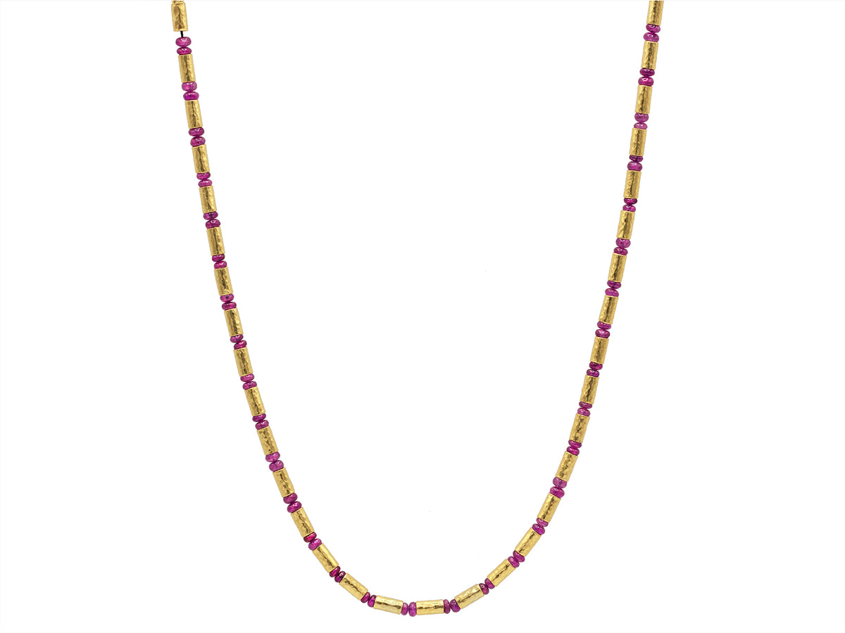 GURHAN, GURHAN Vertigo Gold Single Strand Short Necklace, Gold Tube Beads, Cabochon Ruby