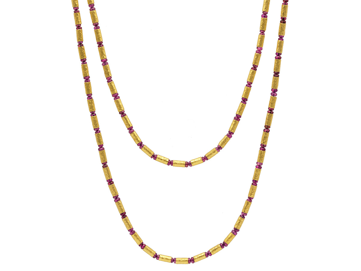 GURHAN, GURHAN Vertigo Gold Single Strand Long Necklace, Gold Tube Beads, Cabochon Ruby