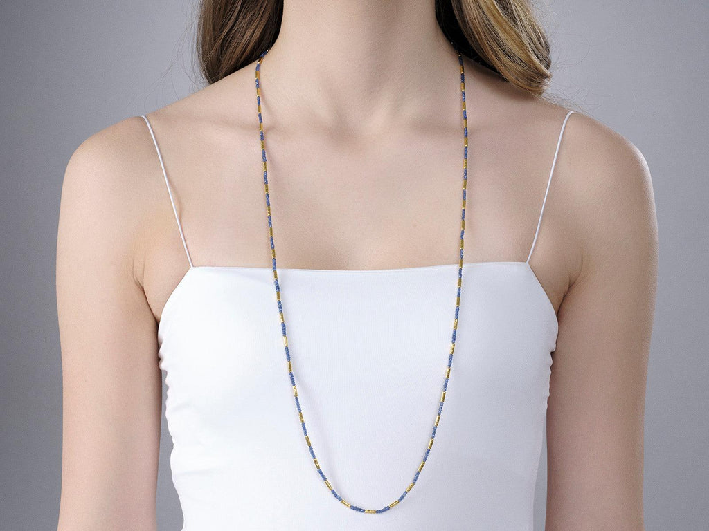 GURHAN, GURHAN Vertigo Gold Sapphire Single-Strand Beaded Long Necklace, Thin Gold Tubes with Stone Clusters