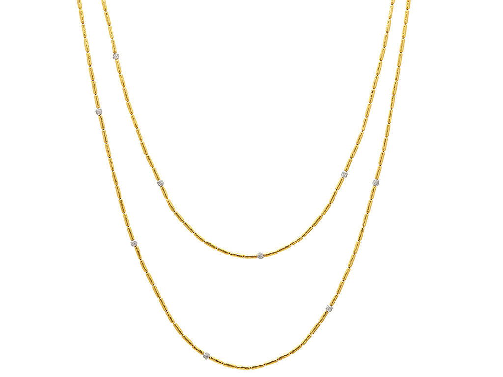 GURHAN, GURHAN Vertigo Gold Single Strand Long Necklace, 3.5mm Wide Hammered Beads, 10 Pave Stations, Diamond