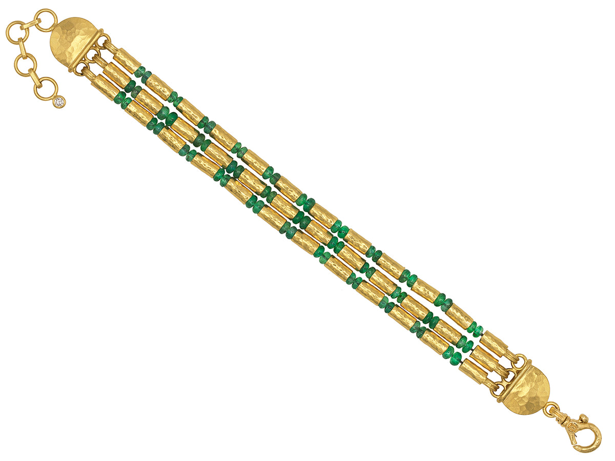 GURHAN, GURHAN Vertigo Gold Beaded Multi-Strand Bracelet, Gold Tube Beads, with Cabochon Emerald
