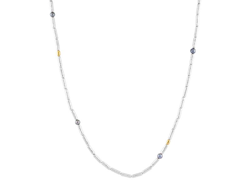GURHAN, GURHAN Vertigo Sterling Silver Single Strand Short Necklace, Tube and Round Beads, with Pearl & Gold Accents