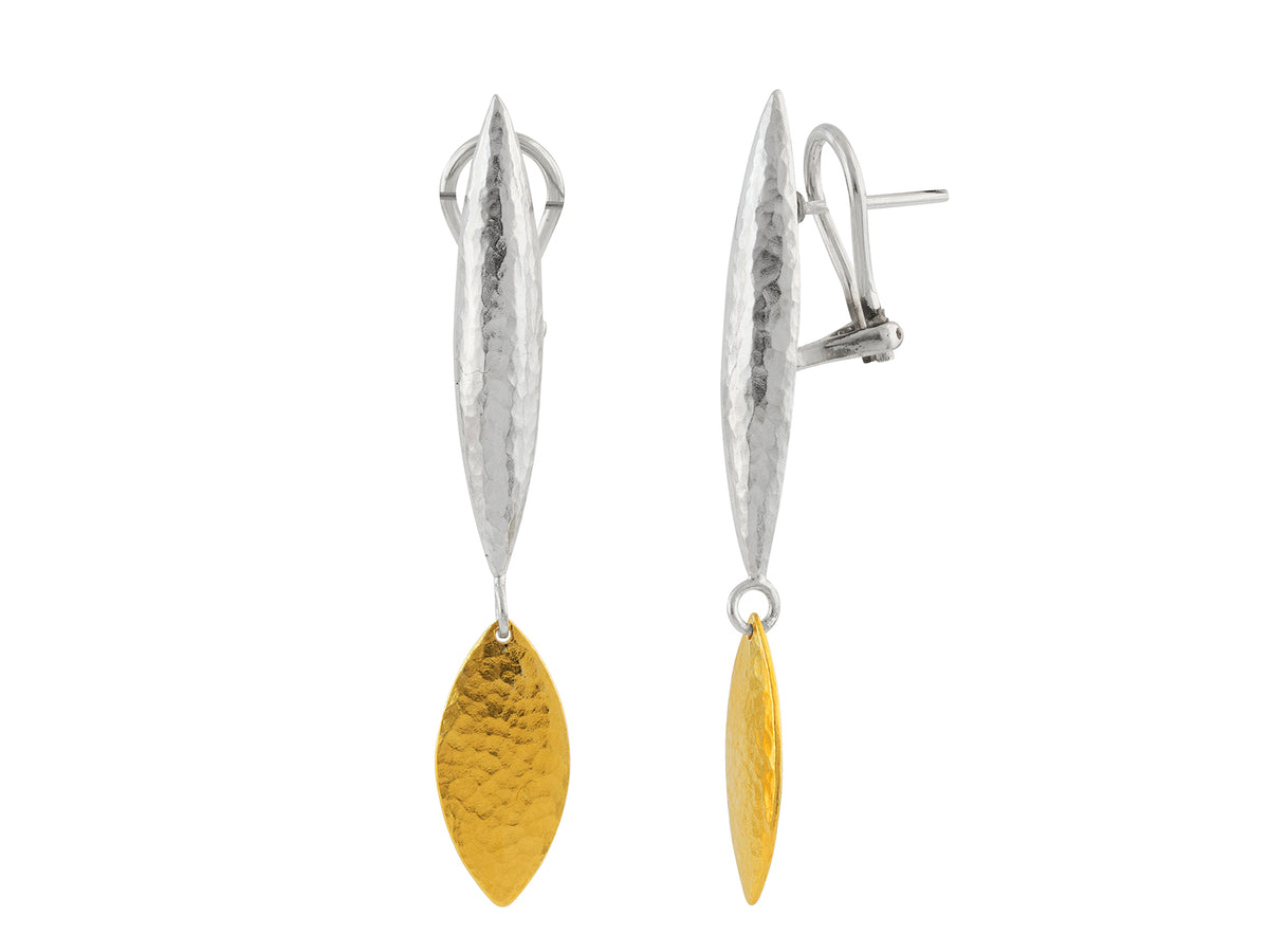 GURHAN, GURHAN Willow Sterling Silver Single Drop Earrings, 18mm Flake, Long Wheat Clip Post Top, with No Stone & Gold Accents